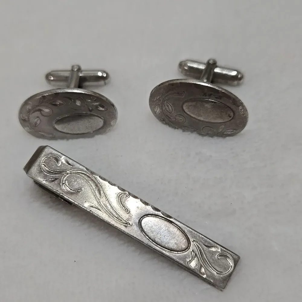Vintage Sterling Silver Cufflinks and Tie Clip Set, 25.31g